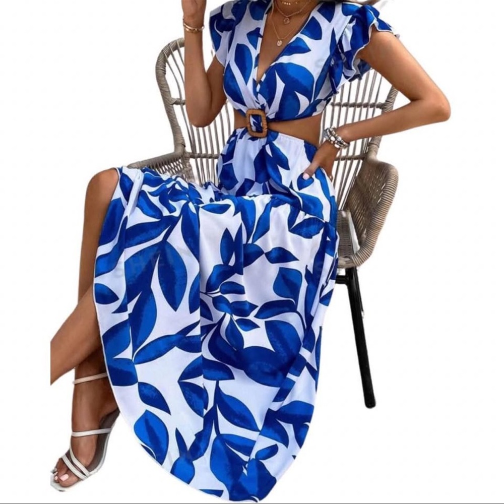 Blue and White Sleeveless Plunge Neck Maxi Dress